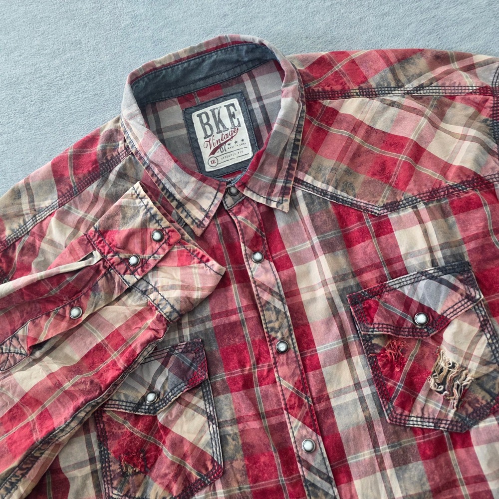 BKE Vintage Mens XXL Athletic Fit Red Plaid Distressed Western Pearl Snap Shirt